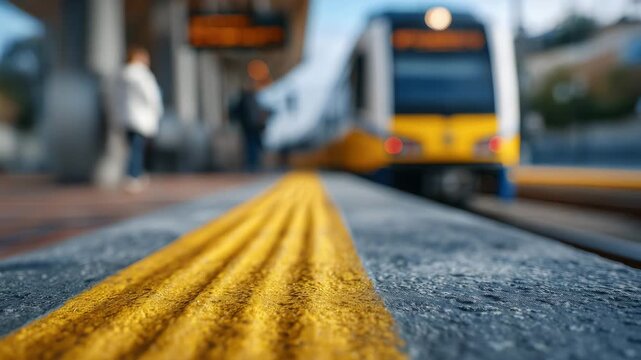 225Wide-angle view of a railway platform, lone passenger behind the yellow line, approaching train blurred into the distance, shadows stretching along textured tiles, muted color pale