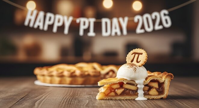 Happy pi day 2026 banner with apple pie slice and vanilla ice cream