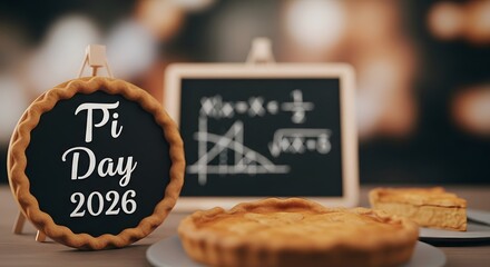Pi day 2026 cookie and pies with chalkboard background of math equations