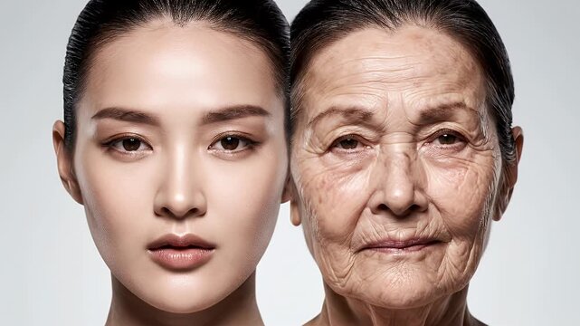 Young and Old Woman Side-by-Side: Comparative Study of Aging Skin on Plain Backdrop in Studio Lighting For Skincare