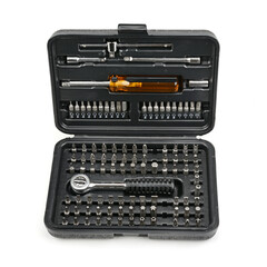 Professional toolkit for hardware maintenance featuring ratchet driver screwdriver handle assortment of bits extensions adapters organized in compact black case on white backdrop