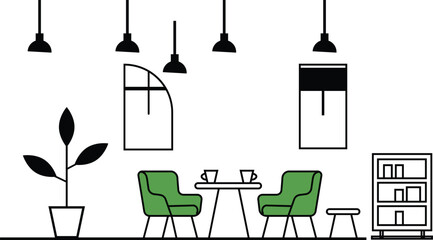 A minimalist illustration of a cafe interior with green chairs
