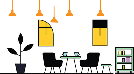 A minimalist illustration of a cafe interior with green chairs