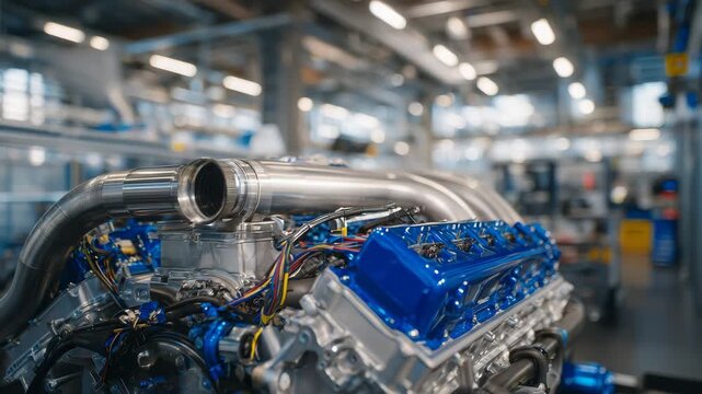 289Wide detailed shot of powerful engine components, polished aluminum and steel surfaces, wiring harnesses, tubing, visible mechanical interfaces, industrial and engineering-focused