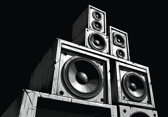 Stacked speakers with large woofers and tweeters on black background © Gimhana