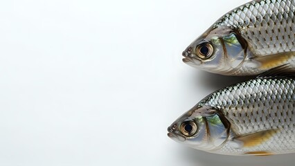 Fototapeta premium Two fresh raw fish with silver scales and bright eyes on white background for culinary cooking seafood market restaurant menu design.