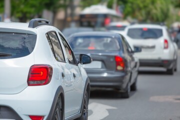 Naklejka premium Background blurred focus. Traffic on highway in city