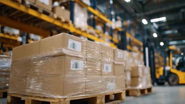 302Cinematic low-angle close-up of paper reams on pallets, tallest stack in foreground with stacks gradually lowering, sharp focus on cardboard wrapping edges, industrial warehouse sh