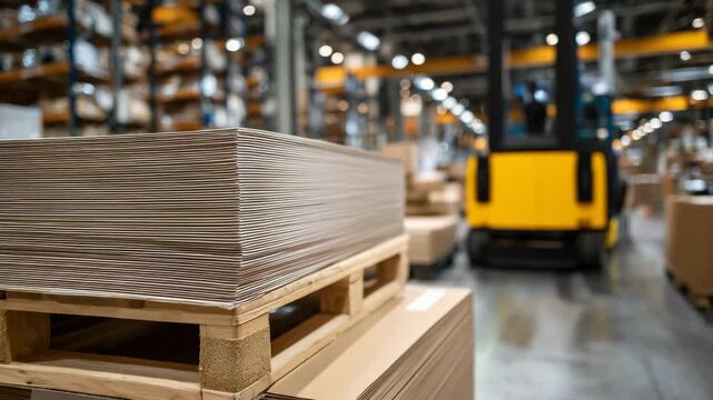 304Close-up of neatly arranged paper reams on pallets, gradual drop in stack height across the frame, industrial shelving and equipment subtly blurred, warm ambient light reflecting o