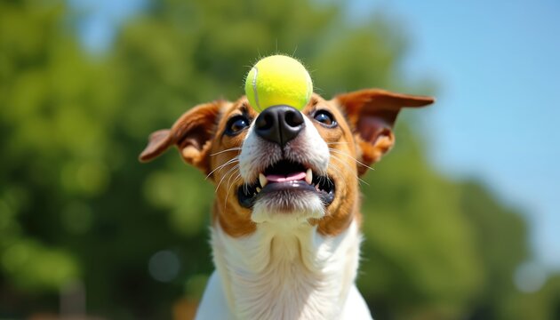 Jack Russell terrier dog balances tennis ball on its nose. Dog waits for ball toss outdoors on sunny day. Cute pet looks up intently, ready to play and catch.
