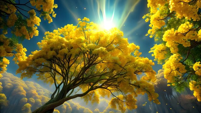 Cascading clusters of bright yellow ratchaphruek flowers on tall tree, clear tropical sky, sunlight streaming through blossoms, ultra realistic detail