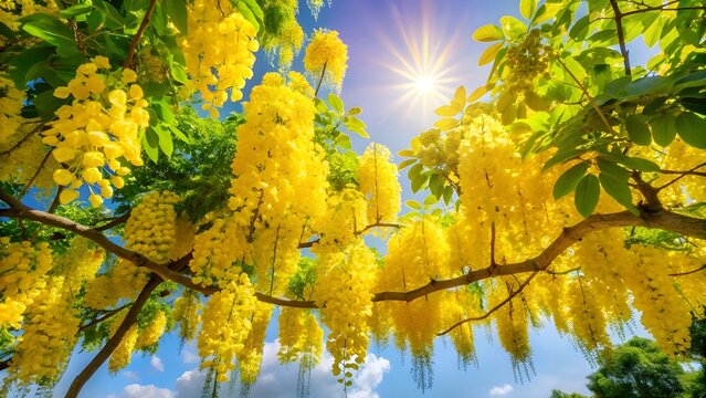 Cascading clusters of bright yellow ratchaphruek flowers on tall tree, clear tropical sky, sunlight streaming through blossoms, ultra realistic detail
