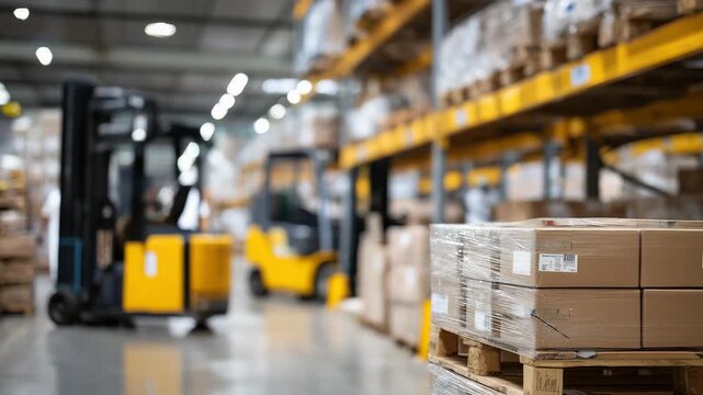 311Wide-angle warehouse perspective, rows of stacked paper pallets with declining heights, industrial shelving and forklifts softly blurred in background, polished floor reflecting wa