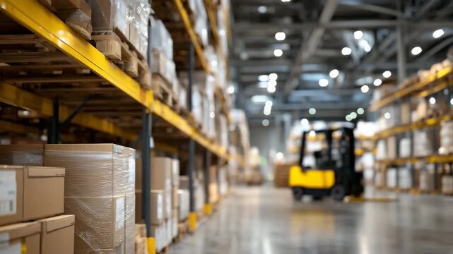 312Wide-angle warehouse perspective, rows of stacked paper pallets with declining heights, industrial shelving and forklifts softly blurred in background, polished floor reflecting wa