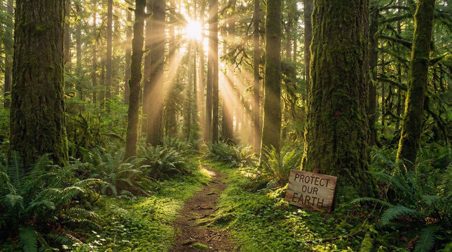 Majestic lush green forest landscape with sunbeams shining through tall ancient trees
