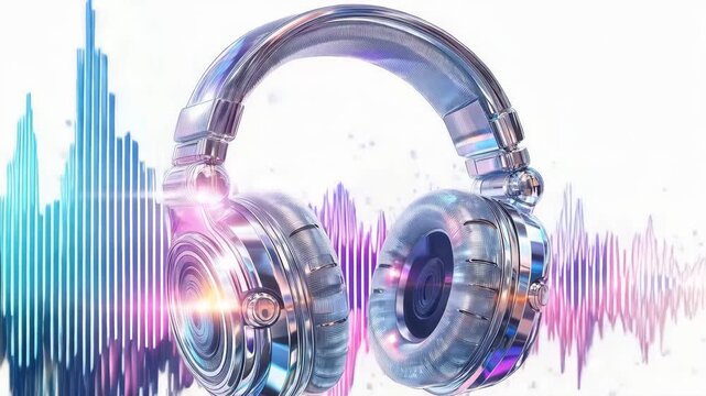 Modern transparent headphones with vibrant soundwave graphics in the background, showcasing a dynamic audio experience in a visually engaging setting