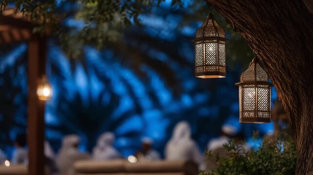 338Close-up of lanterns hanging above faceless family during Ramadan iftar, subtle glow on table and tree trunk, palms softly blurred in background, night sky adding cinematic depth,