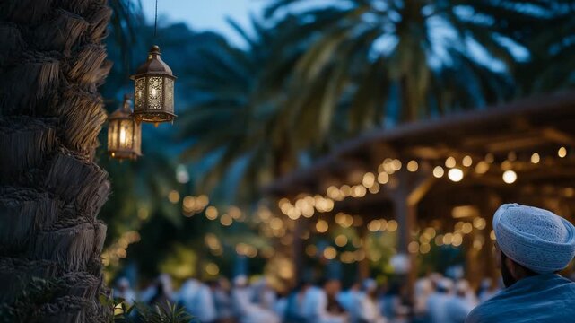 341Low-angle shot of faceless family during Ramadan iftar, lanterns glowing above, palm trees in soft focus behind, tree trunk framing the scene, warm cinematic lighting, space above