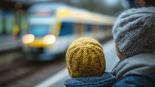 Back view close-up of mother and son waiting for a train, mother on left, son looking forward, detailed textures of winter coats and gloves visible, train softly blurred in motion,