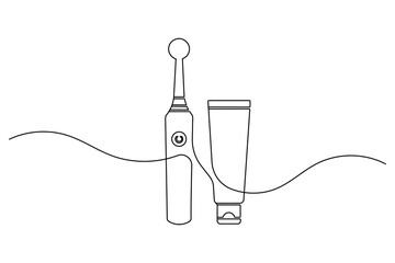 Obraz premium Electric toothbrush and toothpaste continuous one line drawing for morning routine minimalist vector illustration