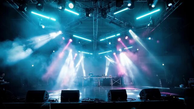 Medium angle capturing a complex lighting rig with spotlights and swirling fog emphasizing the futuristic vibe of an electronic music festival soundcheck.