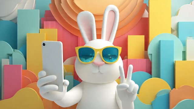 Minimalist Paper Cut Easter Bunny Taking Selfie with Smartphone | Modern Funny Easter Character | Pop Art City Park Background