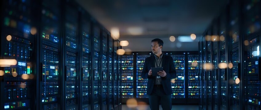 Professional IT technician monitoring server infrastructure in modern data center with glowing blue network equipment and advanced computing technology.
