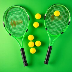 Two green tennis rackets beside yellow balls on green backdrop,  competition,  tennis