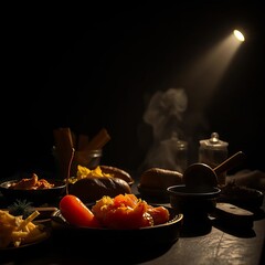 Culinary chiaroscuro grid, light and shadow dance across sustenance ,  pattern,  visual