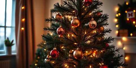 Festive decorated pine tree with glowing ornaments and twinkling lights in a cozy, dimly lit room,  still life,  cozy