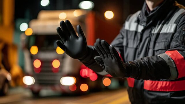 Close-up border control scene with a customs officer halting freight trucks, focused on the officer&rsquo;s gloved hand and stop signal, blurred trucks and flashing hazard lights behind,
