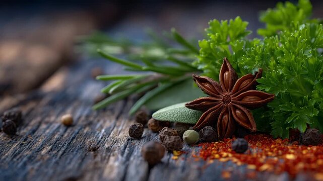 Close-up arrangement of fresh parsley, rosemary, oregano, and bay leaves, interwoven with star anise, scattered peppercorns, and vibrant cayenne powder, natural light highlighting