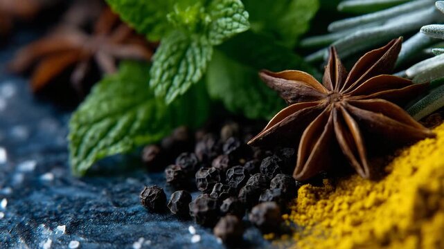 Close-up culinary flat lay of fresh herbs and spices, crisp greens contrasted with dark star anise and peppercorns, cayenne powder adding visual warmth, clean arrangement with tact