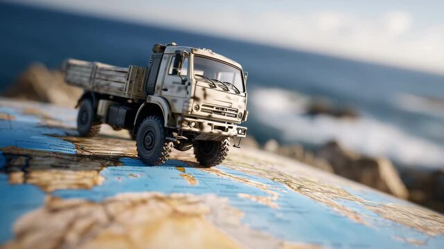 Close-up logistics concept image of a miniature truck traveling over a world map, emphasis on map details and truck texture, directional lighting accentuating relief and print, cin
