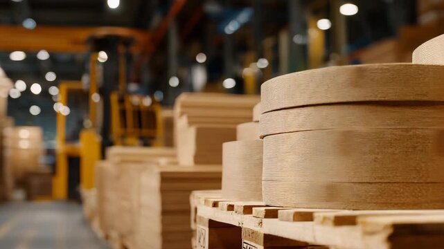 Close-up diagonal composition of paper reams, stacks stepping down in height across frame, cardboard textures, pallet wood grain, and ambient warehouse lighting creating depth, ind