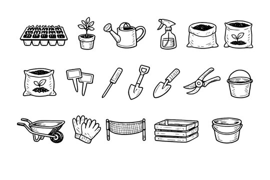 Forestry services nursery and replanting supplies in doodle style: seed tray, sapling pot, watering can, spray bottle, soil bag, fertilizer sack, plant label