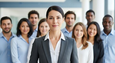 Fototapeta premium Confident Professional Woman in Gray Suit Leading Corporate Group in Modern Office Setting with Blurred Attendees at Corporate Meeting Photo