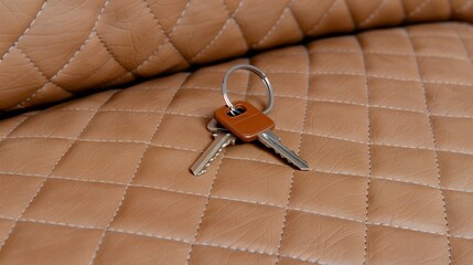 Obraz premium Leather seat elegance. Closeup of sophisticated leather car seat with keys and stylish stitching