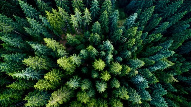 Top down aerial view of green pine forest treetops