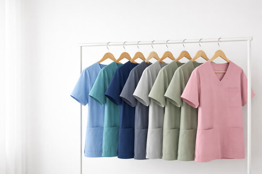 Colorful medical scrubs in various shades hang on a white clothing rack. healthcare design element or background with copy space.