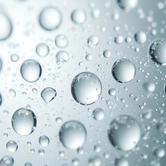 Large water droplets scatter on transparent surface. Clear liquid drops form patterns. Wet abstract texture with condensation and light reflections.