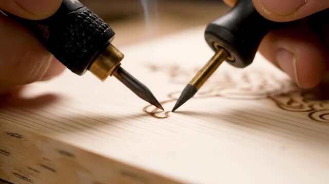 Skilled hands meticulously burn intricate designs onto wood. Pyrography tools create beautiful art with precision and heat.