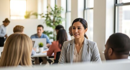 Fototapeta premium Woman in Gray Blazer at Meeting Table Facing Colleagues in Office with Plants and Laptops Creating Relaxed Productive Atmosphere