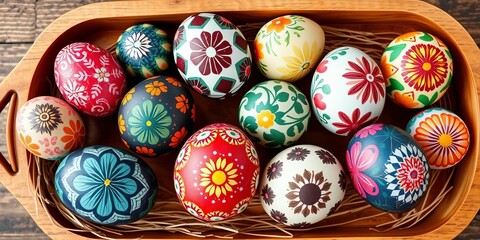 Hand-painted Easter eggs with intricate patterns arranged on a wooden tray,  traditional,  holiday