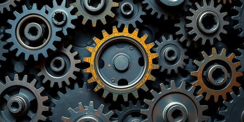 Intricate gears meshing, representing complex business operations,  industry,  automation