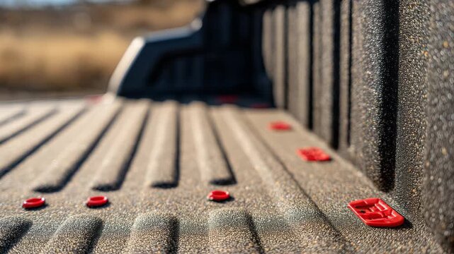 Close-up product-style shot of a truck bed liner, rough textured finish conveying durability, red metal tie-down points secured into the liner, controlled lighting and neutral tone