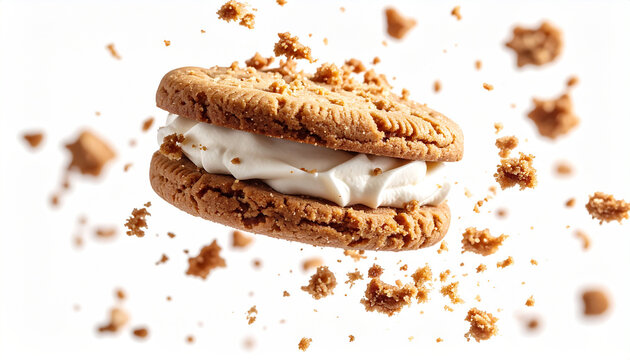 Delicious cookie sandwich with creamy white filling and scattered crumbs captured in dynamic motion.
