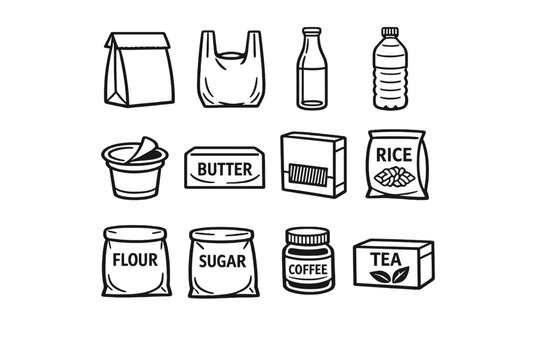 Market Packaging Contents in outline vector style: paper bag, plastic bag, glass bottle, plastic bottle, yogurt cup, butter pack, pasta box, rice bag, flour bag