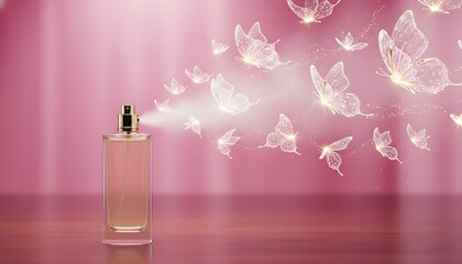 Fototapeta premium Elegant perfume bottle spraying luminous butterflies against a soft pink background