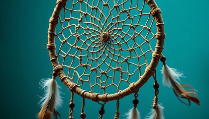 Intricate woven dreamcatcher with feathers and beads, boho chic style, decoration, boho